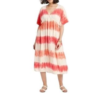 Knox Rose Pink White Linen Blend Tie Dye Striped Boho Hippie Midi Dress Size XS
